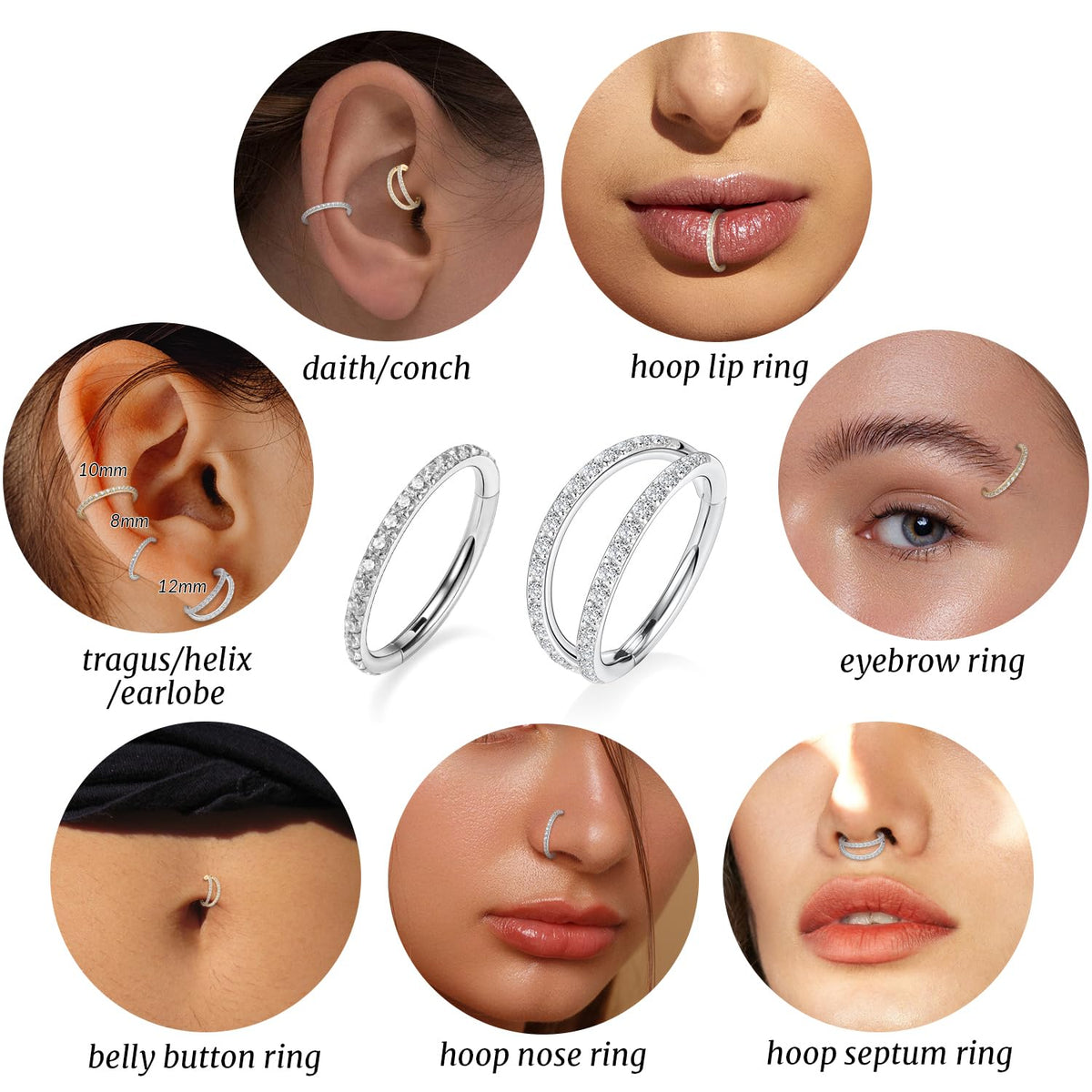 Double Hoop Conch Piercing Jewelry Septum Ring Silver Septum Jewelry Seamless 18 Gauge Nose Ring Hoop 18g Cartilage Earring with CZ Lip Rings 8mm Nose Hoop Surgical Steel Helix Earrings