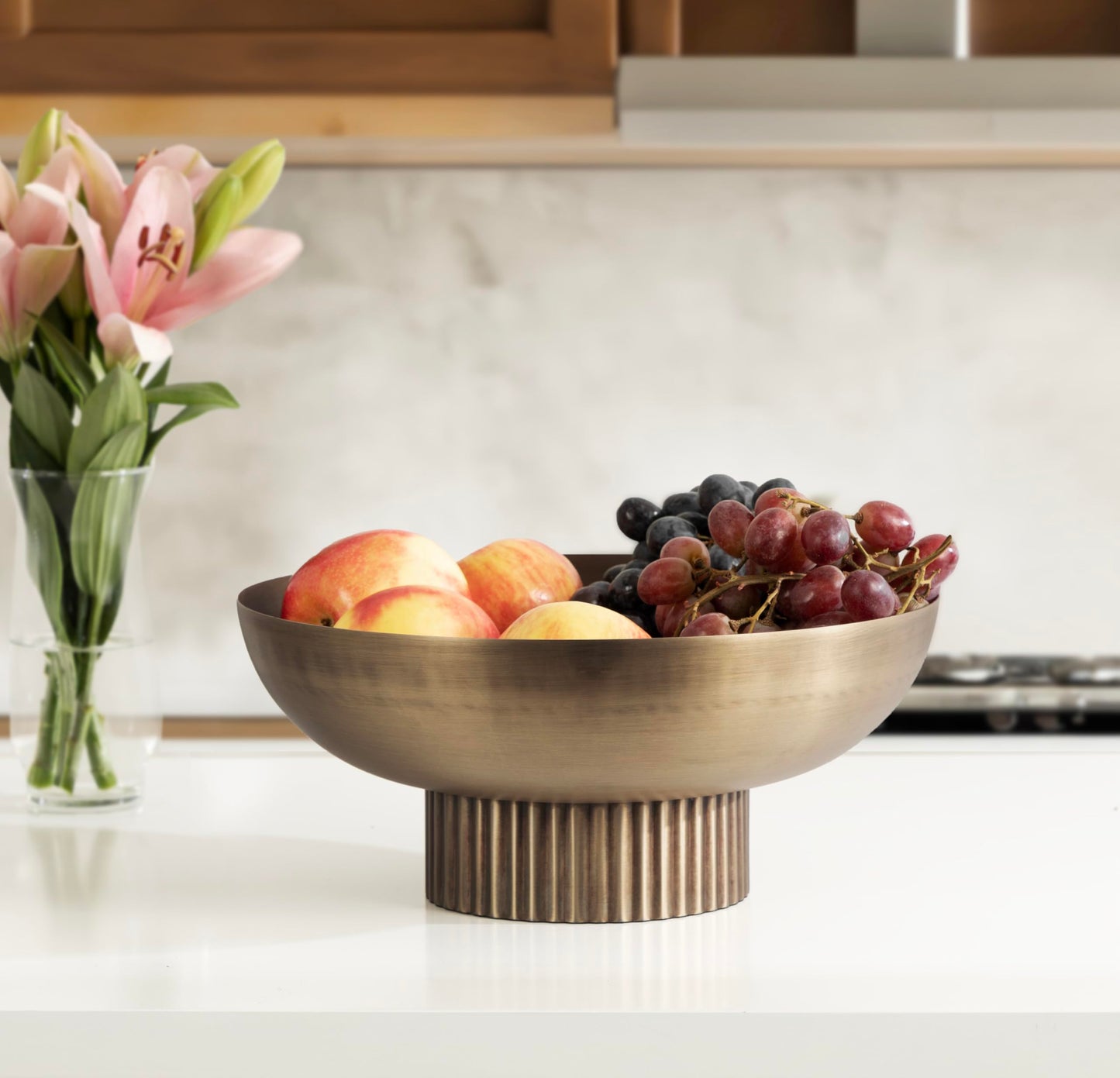 Kate and Laurel Rooks Ribbed Decorative Metal Bowl; 12 Inch Diameter; Brass; Modern Raised Fruit Bowl for Kitchen Counter or Use as a Key Bowl for an Entryway Table
