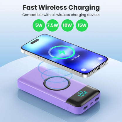 Wireless Portable Charger 40800mAh with 3 Built-in Cables,7-in-1 15W Wireless Charging Power Bank,25W PD QC 4.0 Fast Charging USB C LCD Display Battery Pack for iPhone 17/16/15/13,Samsung,Android etc