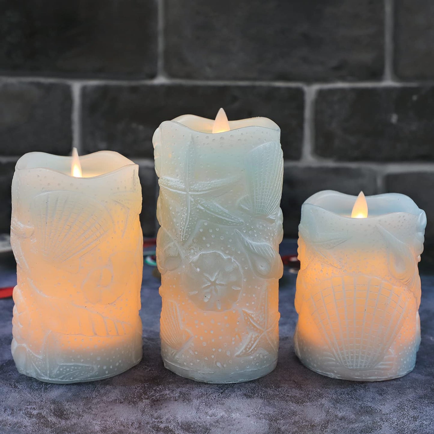 Silverstro Ocean Flameless Candles Remote Carved Seashell Real Wax Flicker Battery Operated Candles for Home Party Wedding Nautical Thanksgiving Christmas Easter Decor - Set of 3(Blue)