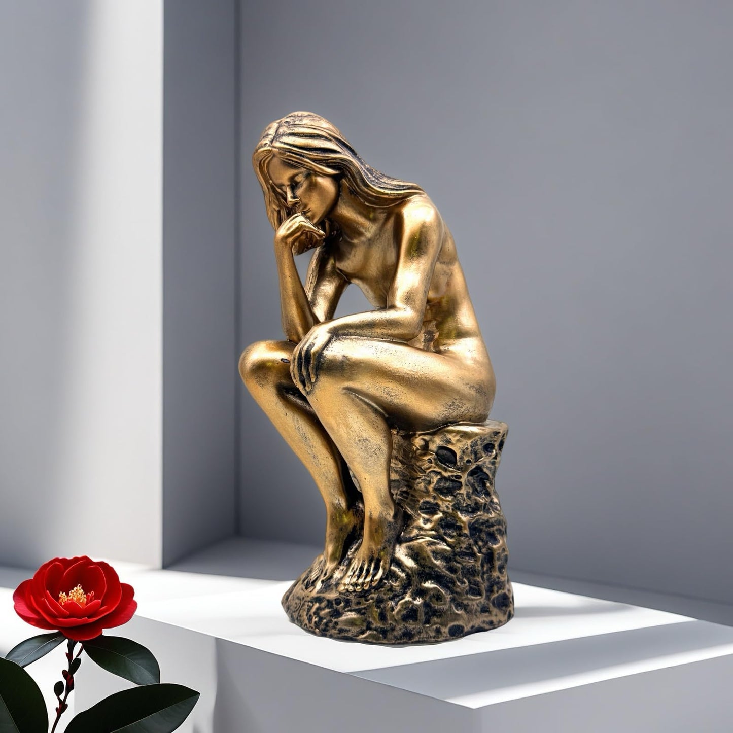 FUNSXBUG Resin The Thinker Woman Statue Figurines Thinking Girl Sculptures Collectible Figurine Home Office Decor Living Room Decoration Bronze