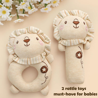 Golray 9pcs Newborn Baby Gift Baskets for Boys Girls Baby Shower, 2 Rattle/Seat Hang Toy/Blanket/Bodysuit/Bib/ 3D Socks/Wood Milestone/Carry Box, Neutral New Born Essential Stuff Unisex Baby Gifts Boy