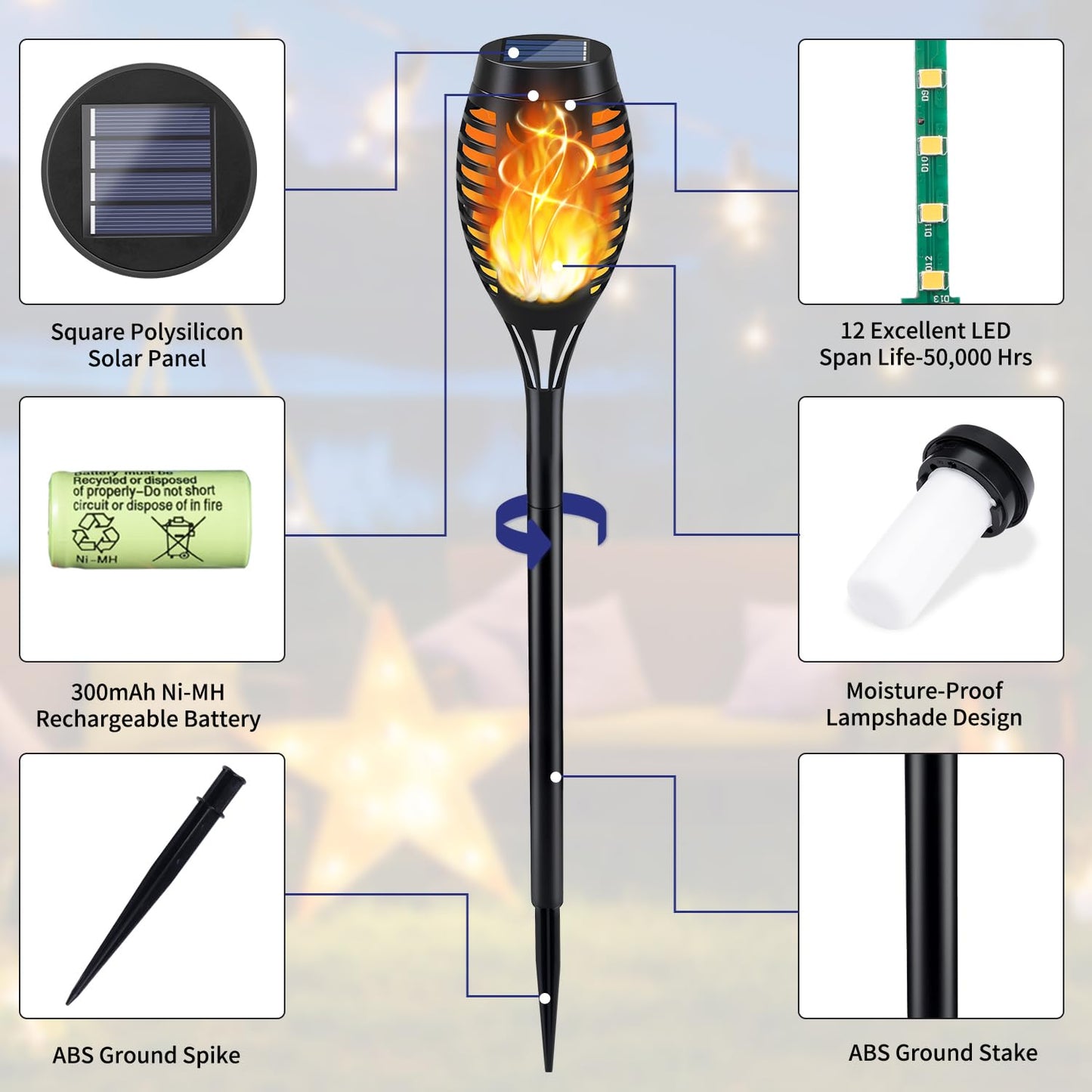 KYEKIO Solar Torch Light with Flickering Flame, 12Pack Solar Lights Outdoor, Solar Garden Lights Outdoor Waterproof, Luces Solares para Exteriores, Outside Lighting for Pathway Yard Patio Decorations