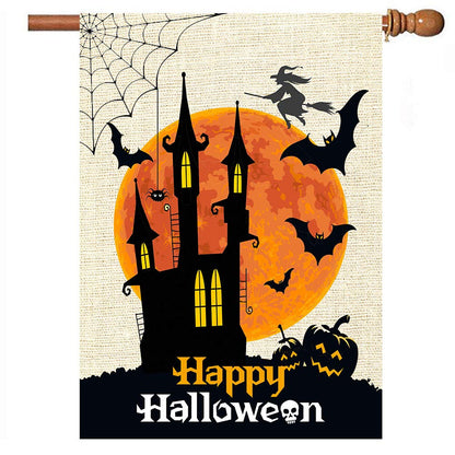 Wamika Autumn Scary Halloween Burlap Welcome Garden Flag Double Sided 28x 40 Inch,Fall Castle Moon Large Seasonal House Yard Flags for Outside Farmhouse Outdoor Holiday Home Decor Decoration
