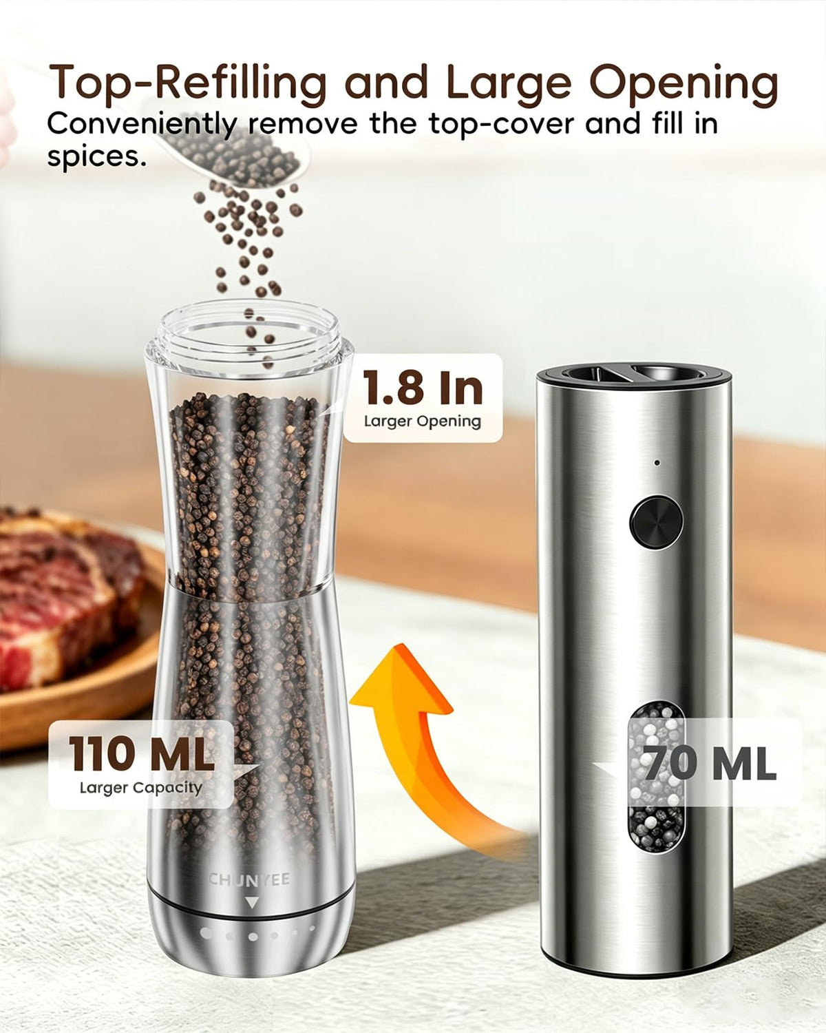 Electric Salt and Pepper Grinder Set - Automatic Stainless Steel Rechargeable Salt and Pepper Grinder Set with Storage Base, Large Capacity, LED Light & Adjustable Coarseness, Ideal Kitchen Gadget