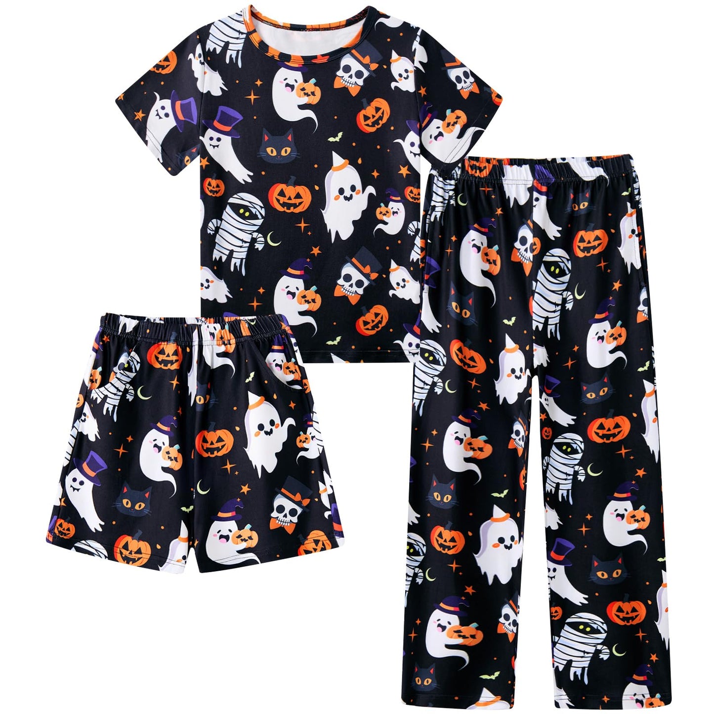 uideazone Size 9-10 Ghosts Pjs Set for Kids Girls Halloween 3 Piece Pajamas Set Cute Sleepwear Set Short Sleeve Shirt Shorts Pants