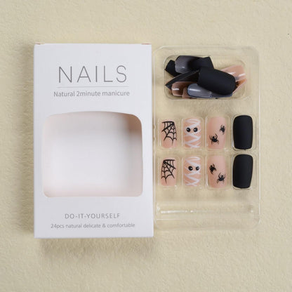 Halloween Press on Nails Square Short Fake Nails with Spiders Web Designs, Halloween Glue on nails for Women Girls, Matte Halloween Acrylic False Nails for Women