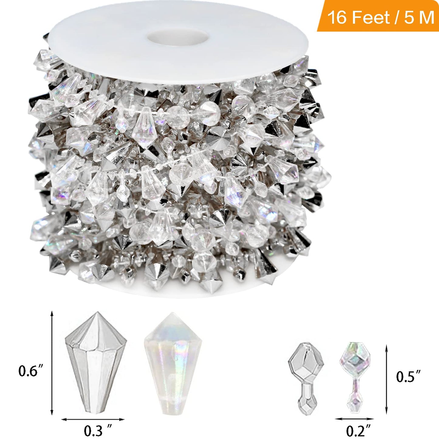Jishi 16ft Christmas Garland Christmas Tree Silver Bead Decor, Clear Iridescent Silver Bead Garland Twist Bead String for Christmas Tree Decoration, Rustic Crystal Garland Ornaments Home Decorations