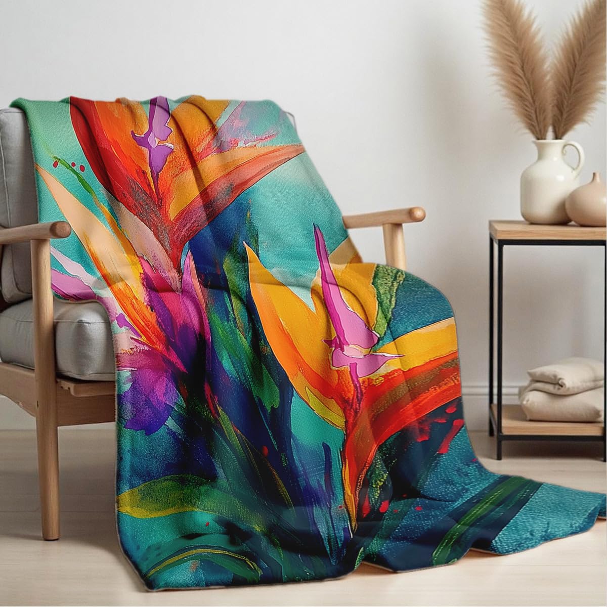 HUNXIAOJ Paradise Throw Blanket Birds Tropical Flowers Print Throw Floral Flannel Blanket for Sofa Bed Couch Office Home Decor Nature Botanical Lovers Gifts (49"x59")