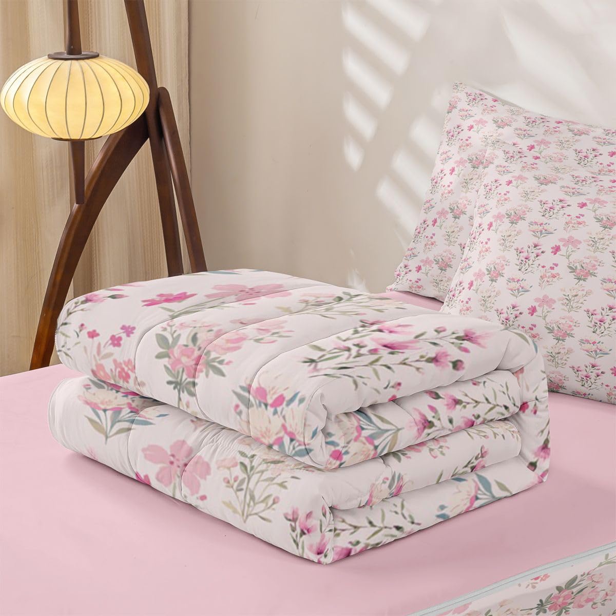 Feelyou Flower Comforter Set Full Size Zipper Bedding Set for Girls Boys Floral Spring Comforter with Fitted Sheet, Pillowcases Pink Green Block Print Zipper Bedding Breathable Boho Bed in a Bag
