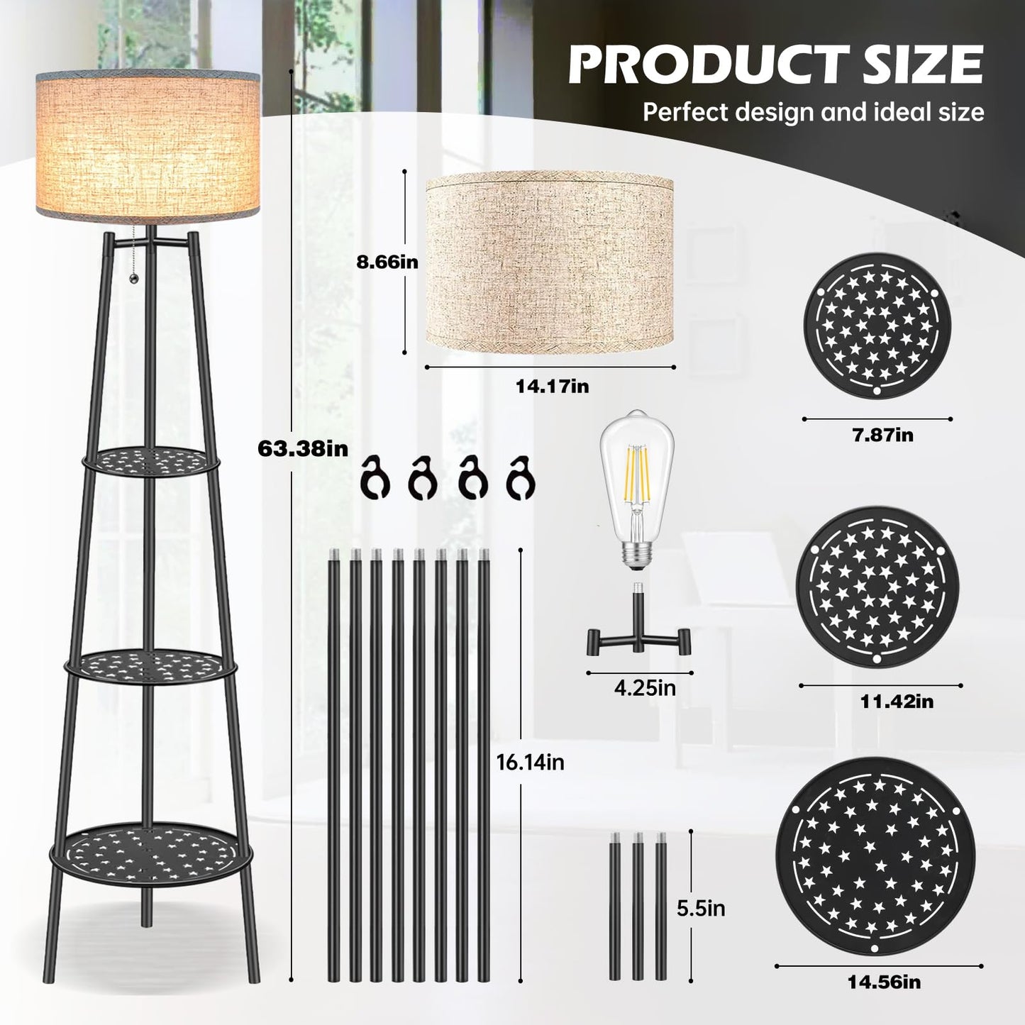 ZQQLITE Floor Lamp with Shelves for Living Room， Standing Lamp，Tall Lamp， Amparas Elegantes para Sala with Linen Shade，Modern Floor Lamp for Living Room，Bedroom or Office（Black ）