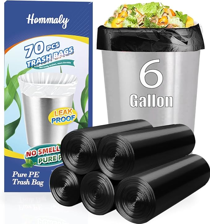 6 Gallon 70 pcs Black Trash Bags Strong Black Garbage Bags, Bathroom Trash Can