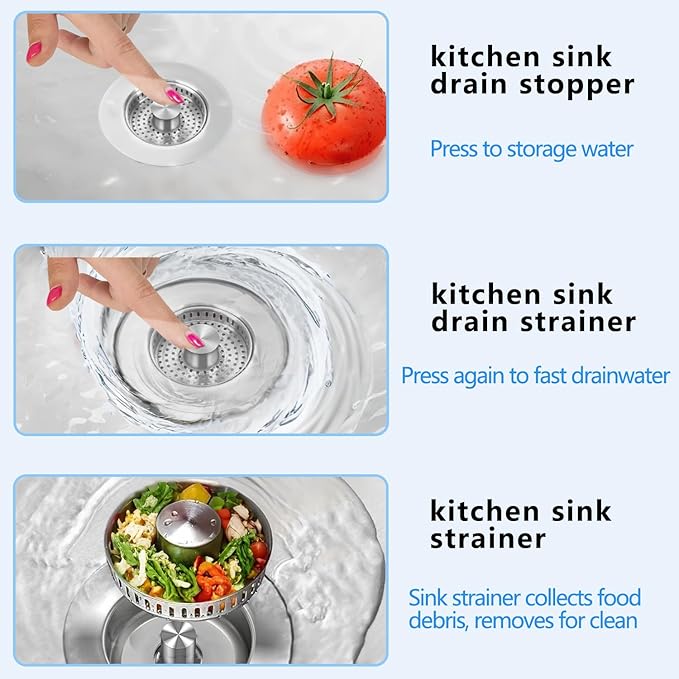3-in-1 Kitchen Sink Drain Strainer & Stopper, Stainless Steel Food Catcher Plug