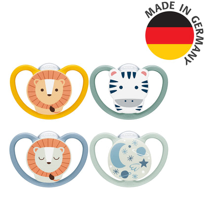 NUK Space Day & Night Baby Dummy | 18-36 Months | Glow-in-the-Dark Soothers with Extra Ventilation for Sensitive Skin | BPA-Free Silicone | Zebra & Lion | 4 Count