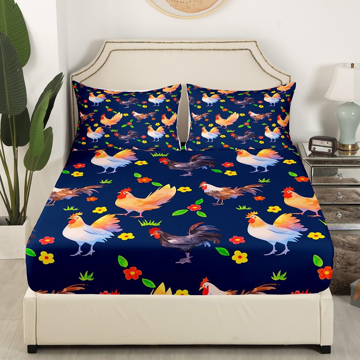 Erosebridal Rooster Sheet Set for Kids Boys Girls Child,Colorful Chicken Bed Sheets Full Size,Cartoon Botanical Flowers Bedding Set,Farmhouse Animal Fitted Sheet + Top Sheet + 2 Pillowcases