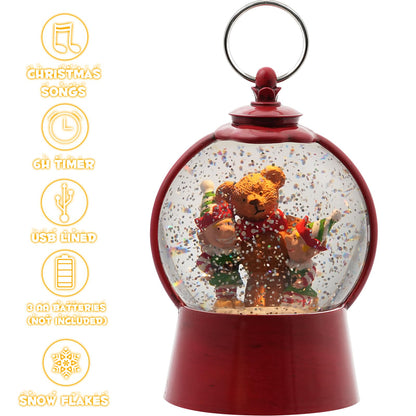 Christmas Snow Globe Lantern with Swirling Glitter Christmas Home Decoration Elf Bear Musical Snow Globe, 6 Hour Timer, USB Powered & Battery Operated Music Box for Holiday