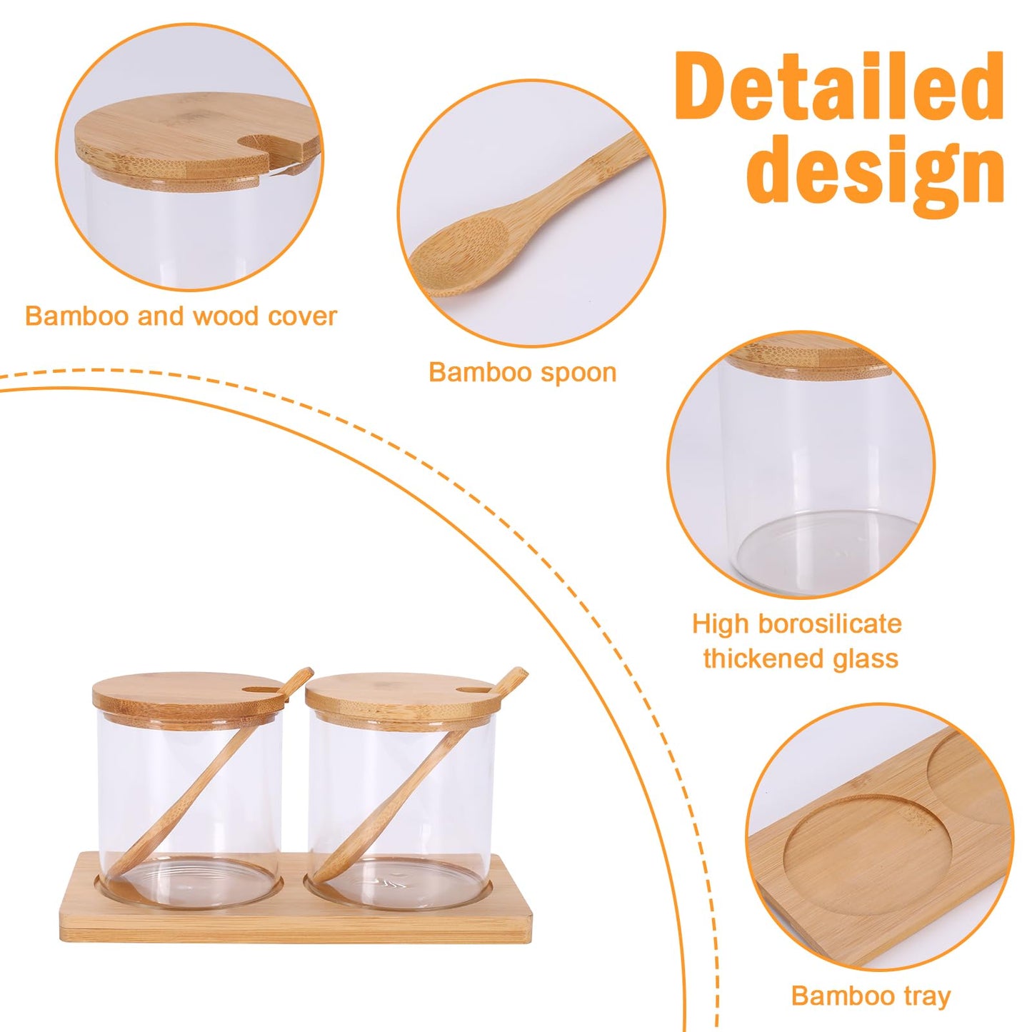 Mowhut 2 PCS Condiment Containers, Spice Rack with Bamboo Spoon Lid and Base, Sugar Bowl, Salt and Pepper Shakers Set for Salt Sugar Tea Herbal Coffee Beans, Clear