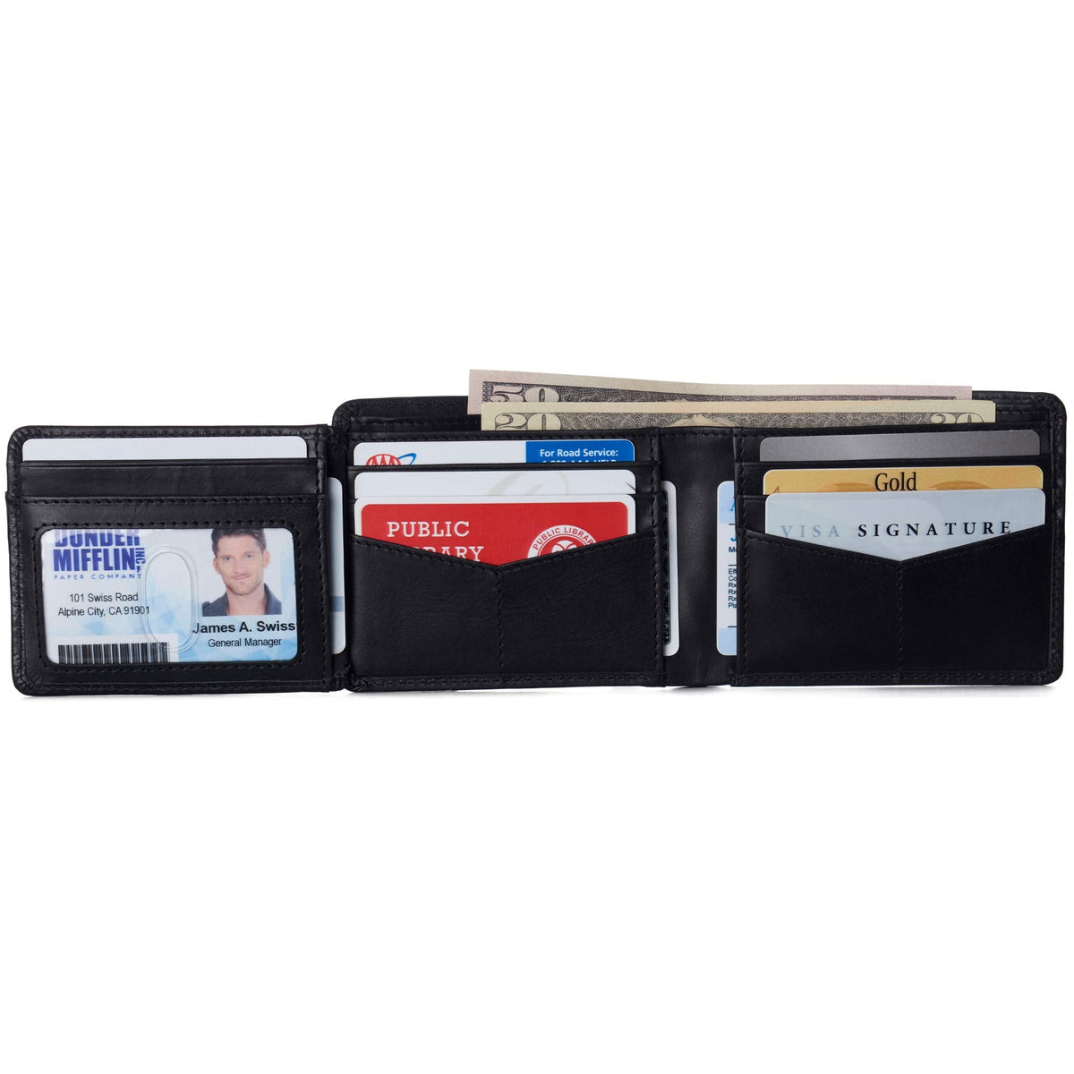 Alpine Swiss Mens Wallet for Men | RFID Protected Leather Mens Wallet | Spencer Bifold with Divided Bill Section | Gift Box | 2 ID Windows | 14 Card Storage Pockets for Organization Glossy Nappa Black