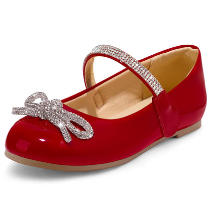 K KomForme Girl's Bow Mary Jane Dress Shoes Ballet Princess Flats with Rhinestone Strap for Party Wedding School, Toddler/Little Kid/Big Kid Red