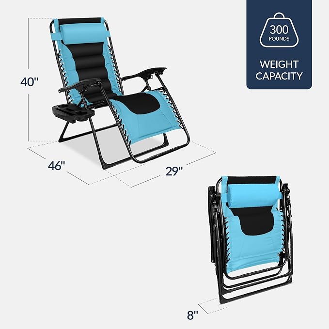 Best Choice Products Oversized Padded Zero Gravity Chair, Folding Outdoor Patio Recliner, XL Anti Gravity Lounger for Backyard w/Headrest, Cup Holder, Side Tray, Polyester Mesh - Light Blue/Black