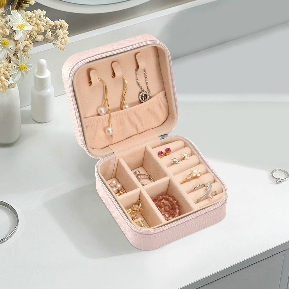 ZZKKO Funny Cartoon Pug Puppy Small Jewelry Box Travel Jewelry Case Leather Jewelry Travel Organizer Mini Portable Storage Boxes for Womens Rings Necklaces Gifts Pink