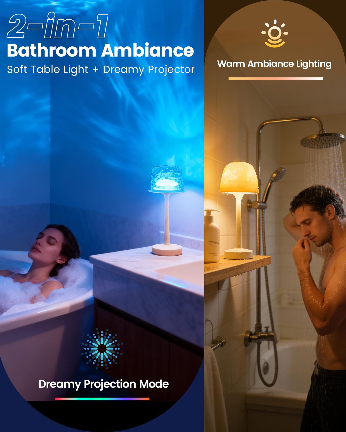 Waterproof Bathroom Shower Lamp with Ocean Wave Projector, 2-in-1 Table Night Light, 16 RGB Colors, 3 White Modes, 5000mAh Rechargeable USB-C Lamp with Touch & Remote for Spa Shower, Bedroom, Gifts