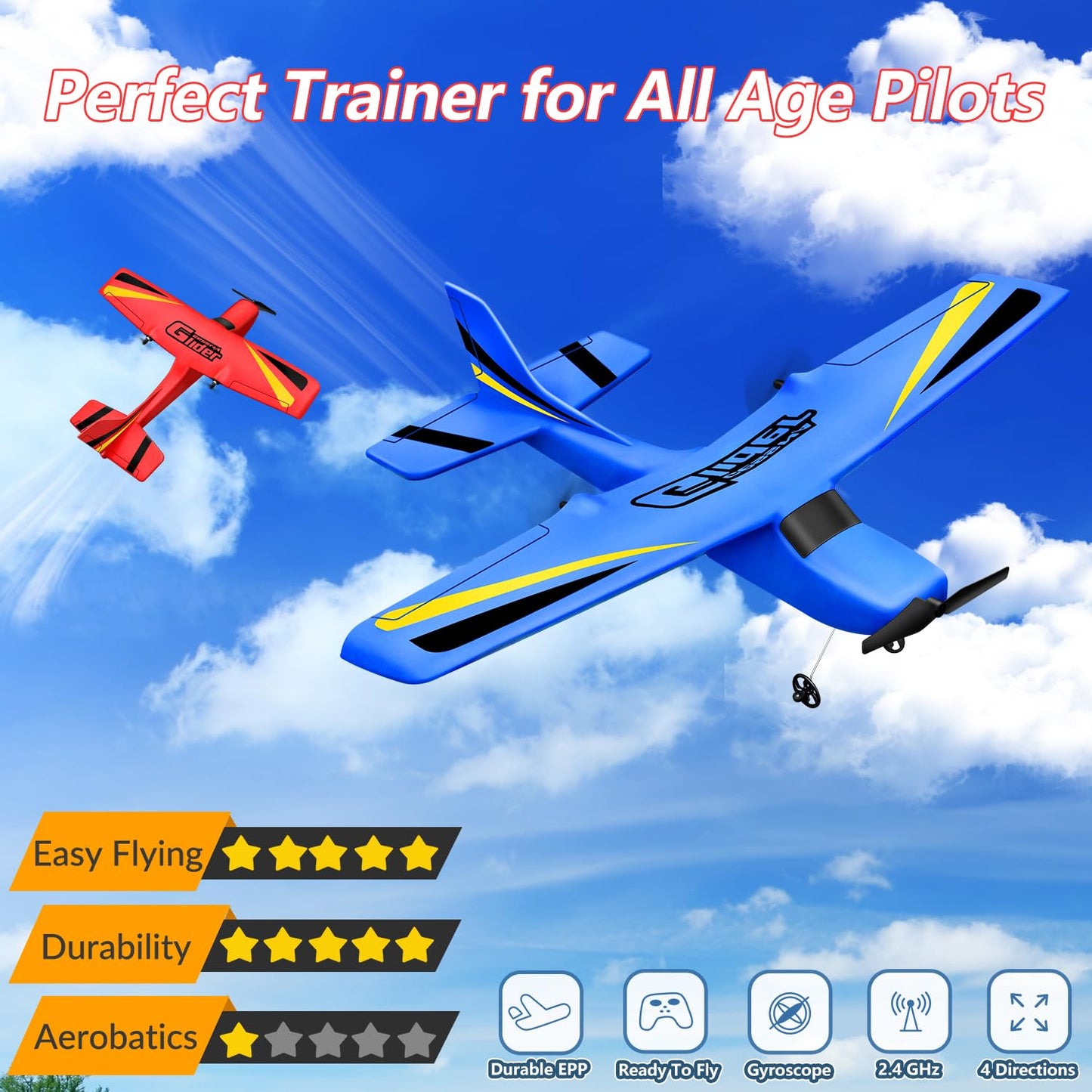 HAWK'S WORK 2 Channel RC Airplane, RC Glider Ready to Fly, 2.4GHz Remote Control Cessna, Easy to Fly RC Toy for Kids & Beginners (Red)