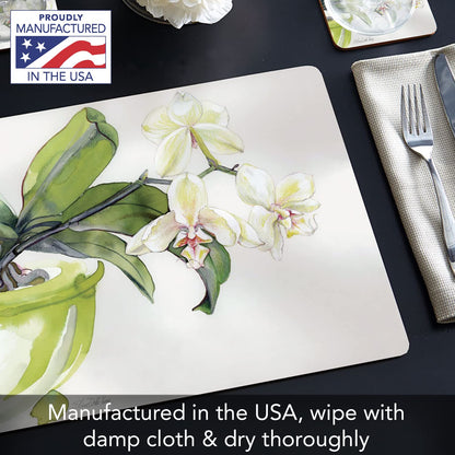 Cala Home White Orchid Premium Decorative Hardboard Tabletop Placemats 4-Pack Manufactured in The USA Heat Tolerant and Easily Wipes Clean