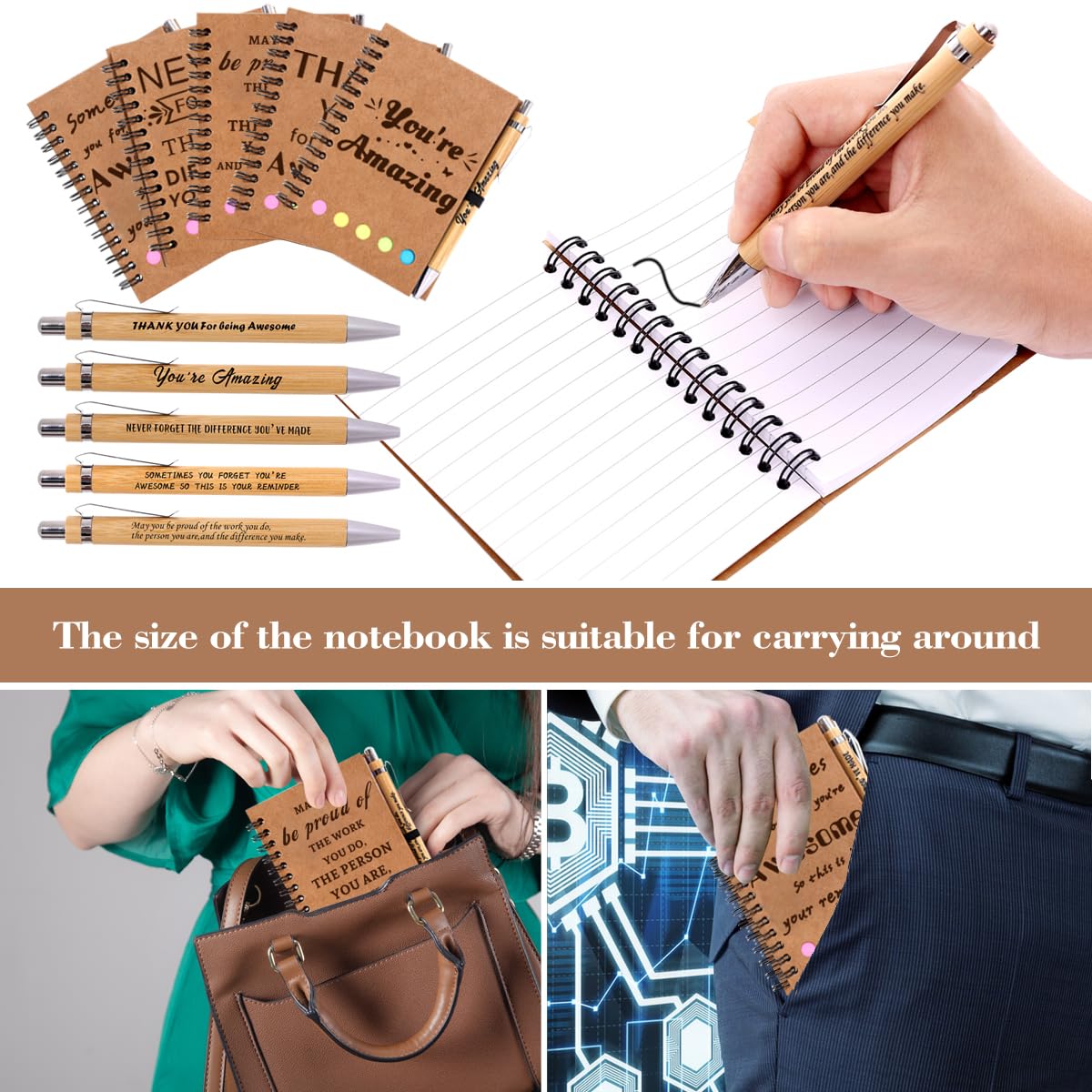 30 Sets Employee Appreciation Gifts Bulk Team College Graduate Thank You Gifts Inspirational Spiral Notebook with Sticky Note Motivational Bamboo Ballpoint Pens for Nurse Teacher Employees Coworker