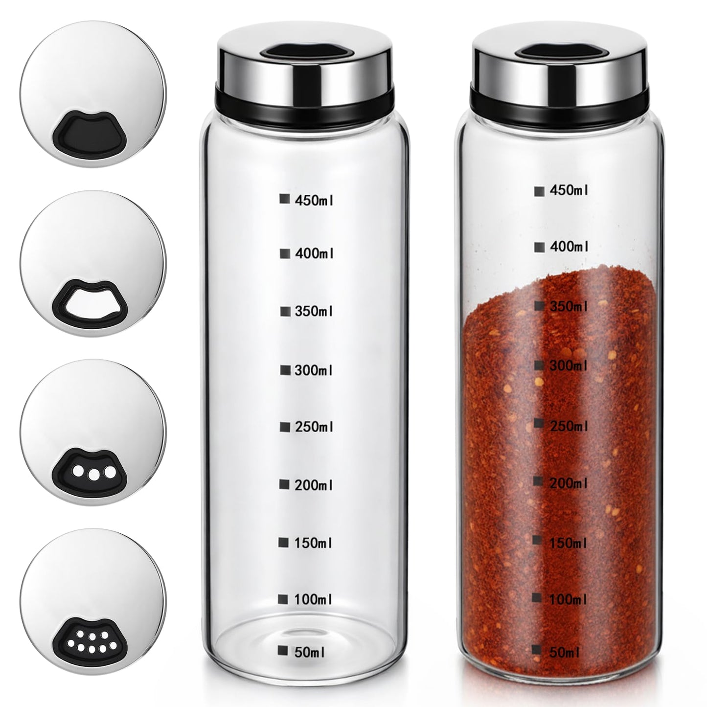 MySHUCE 2 Pcs 15 oz Large Salt Pepper Shakers with Adjustable Outlet Holes, Glass Spice Bottles Spice Dispensers with Non-Slip Silicone Bases & Rotating Steel Lids for Kitchen Restaurant BBQ