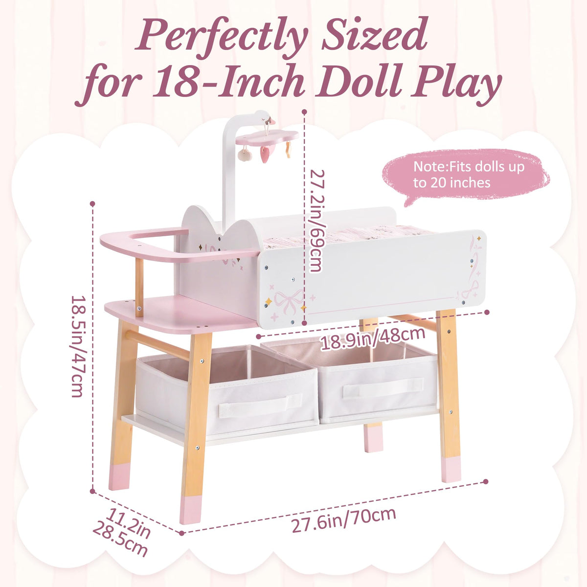 ROBUD Wooden All-in-One Baby Doll Changing Table with Mattress, Removable Sink, 2 Fabric Drawers, Bed Bell, Doll Furniture with Realistic Details for Kids 3+, Fits Dolls Up to 20 in, Pink