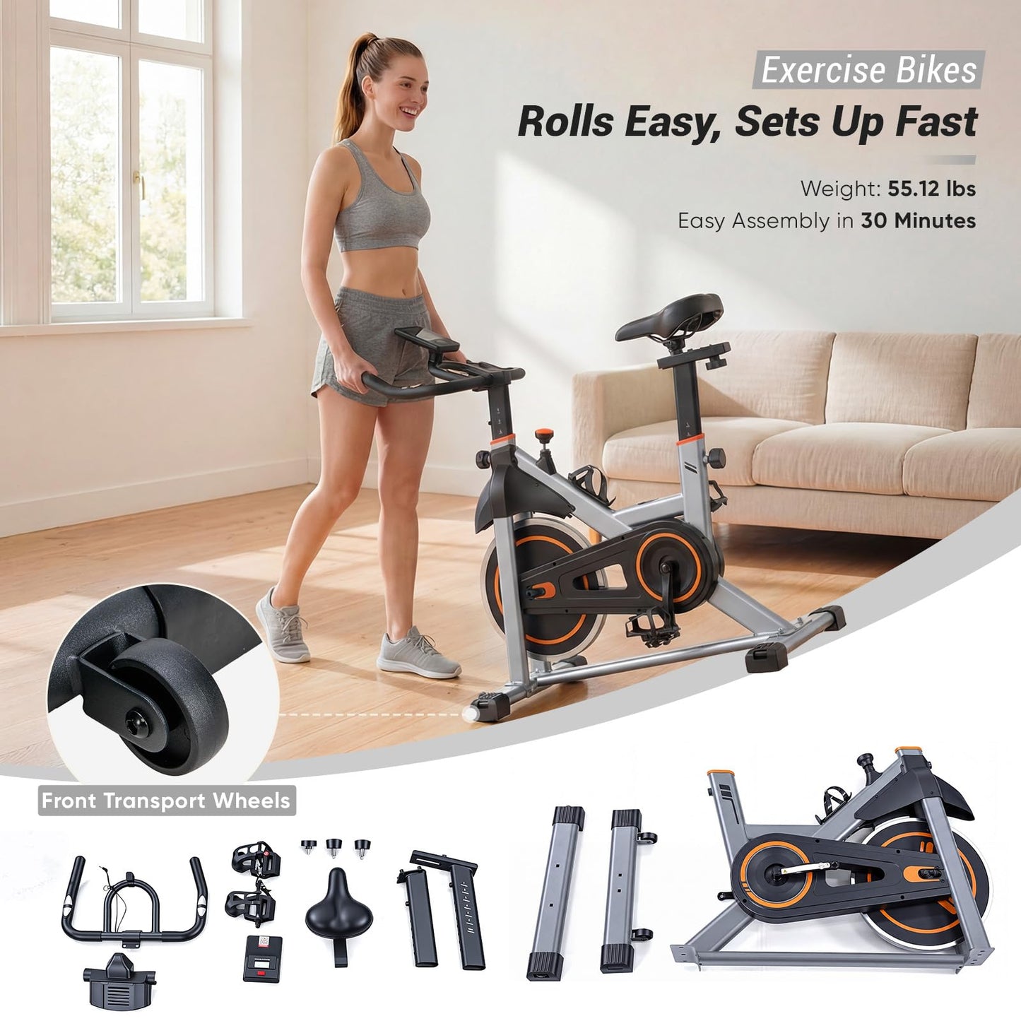 OLIXIS Exercise Bike with APP Control, Brake Pad Stationary Bikes with Quiet Magnetic Resistance, Indoor Cycling Spin Workout Bike with 300.0 lbs Weight Capacity, Classic Orange