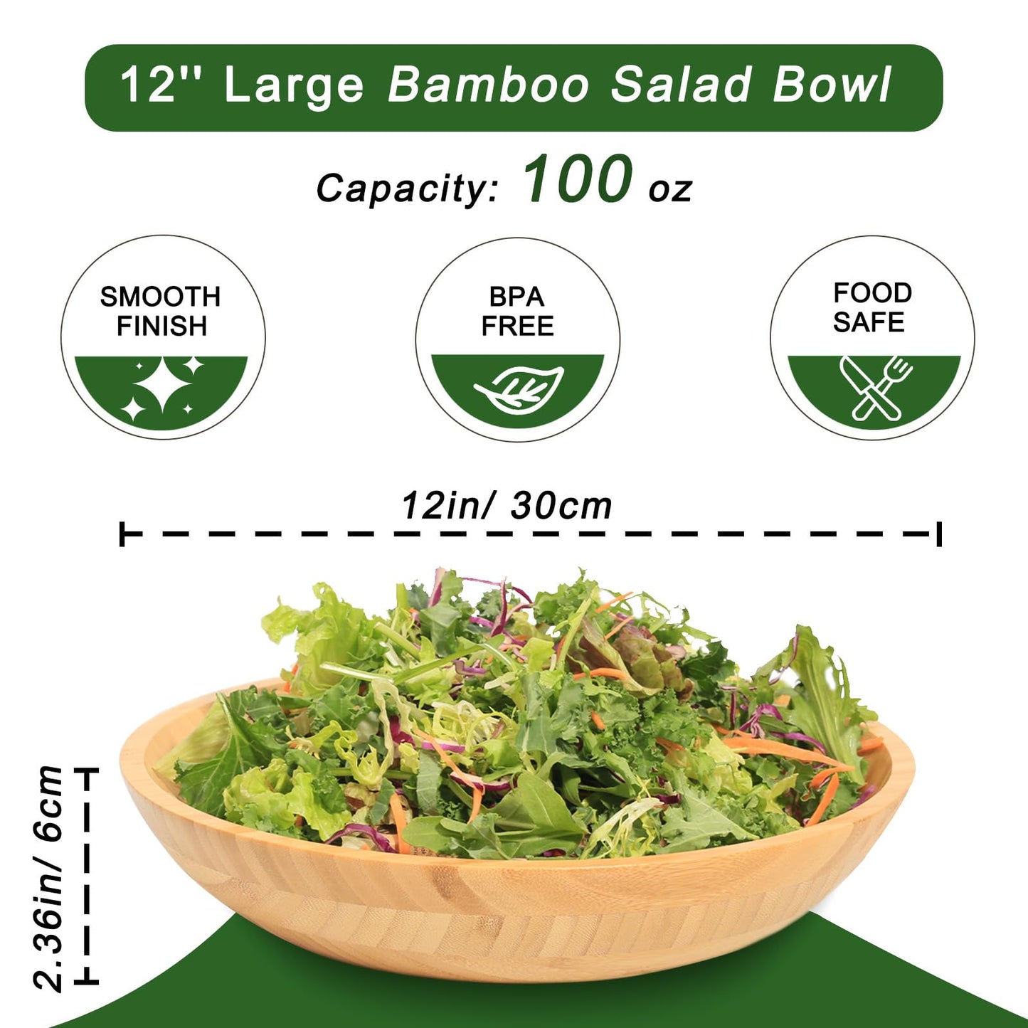 ZTHapwa Bamboo Salad Bowl, 12'' Large Fruit Bowl for Kitchen Counter, Bamboo Wooden Big Serving Bowls for Snacks/Desserts/Appetizers/Nuts/Soup, Farmhouse Decorative Dish for Home Décor, 100 oz