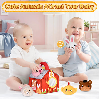 Baby Toys 0-6 6-12 Months, Plush Big Red Barn with Farm Animals, Soft Sensory Toys with Crinkle, Rattles for 0-3-6-9-12 Month Newborn Infant, Christmas Easter Birthday Gifts for Baby Boys Girls﻿