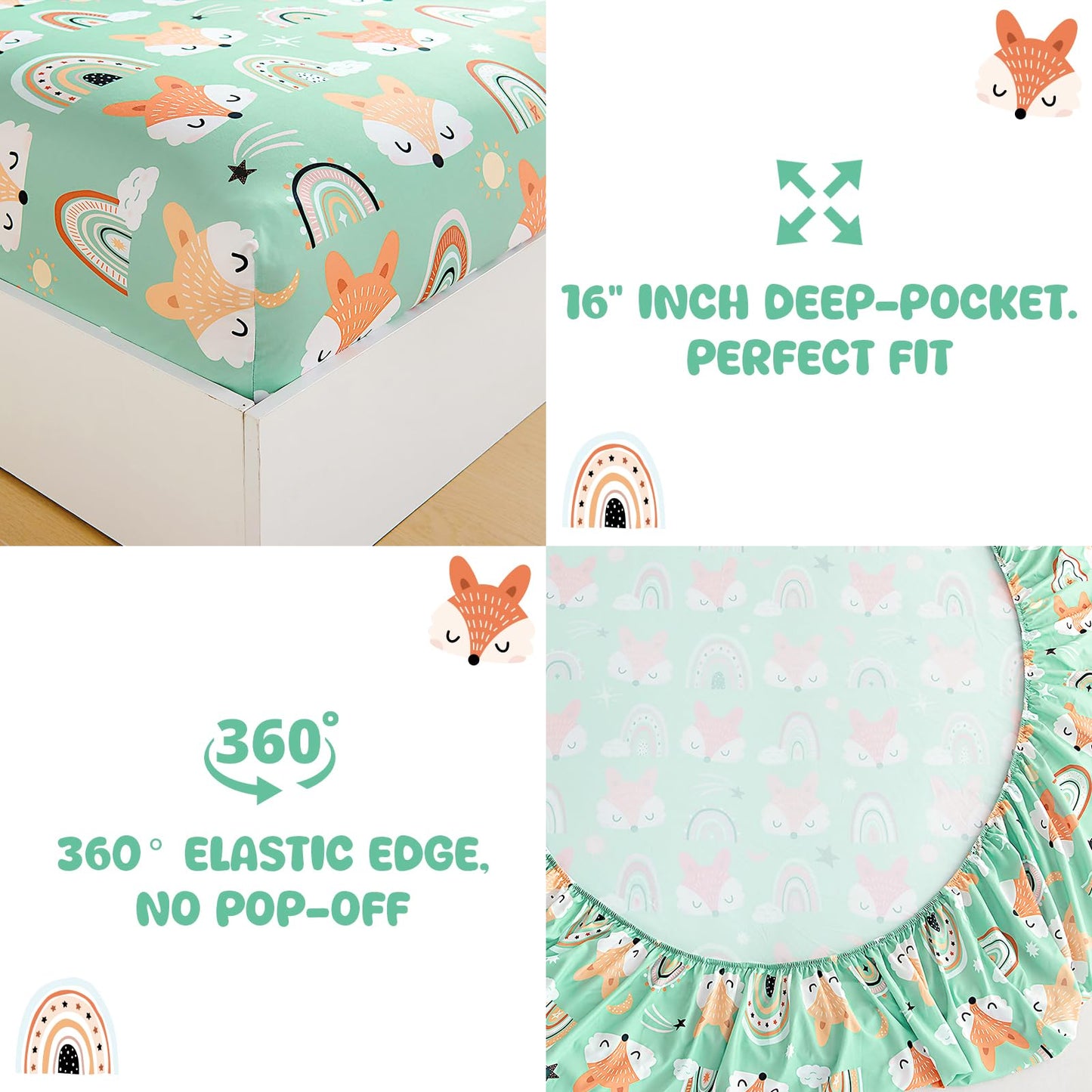 MICORAL Kids Twin Sheet Set, 3 Pieces Sheets for Boys & Girls, Soft Printed Microfiber Bed Sheets, Deep Pocket Cozy Toddler Bedding Set, Fox