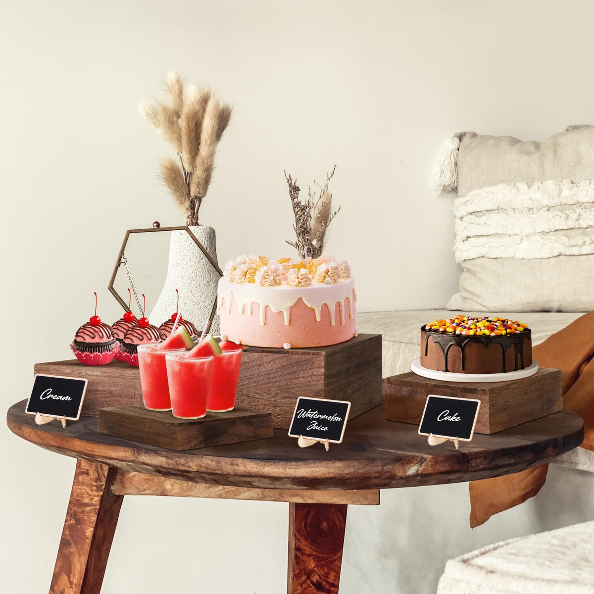 LEIFEOSH 6 Pack Wooden Risers Display Stands with Mini Signs Square Food Risers for Buffet Party Rustic Wood Cake & Cupcake Stands Nesting Box Wooden Crates for Display