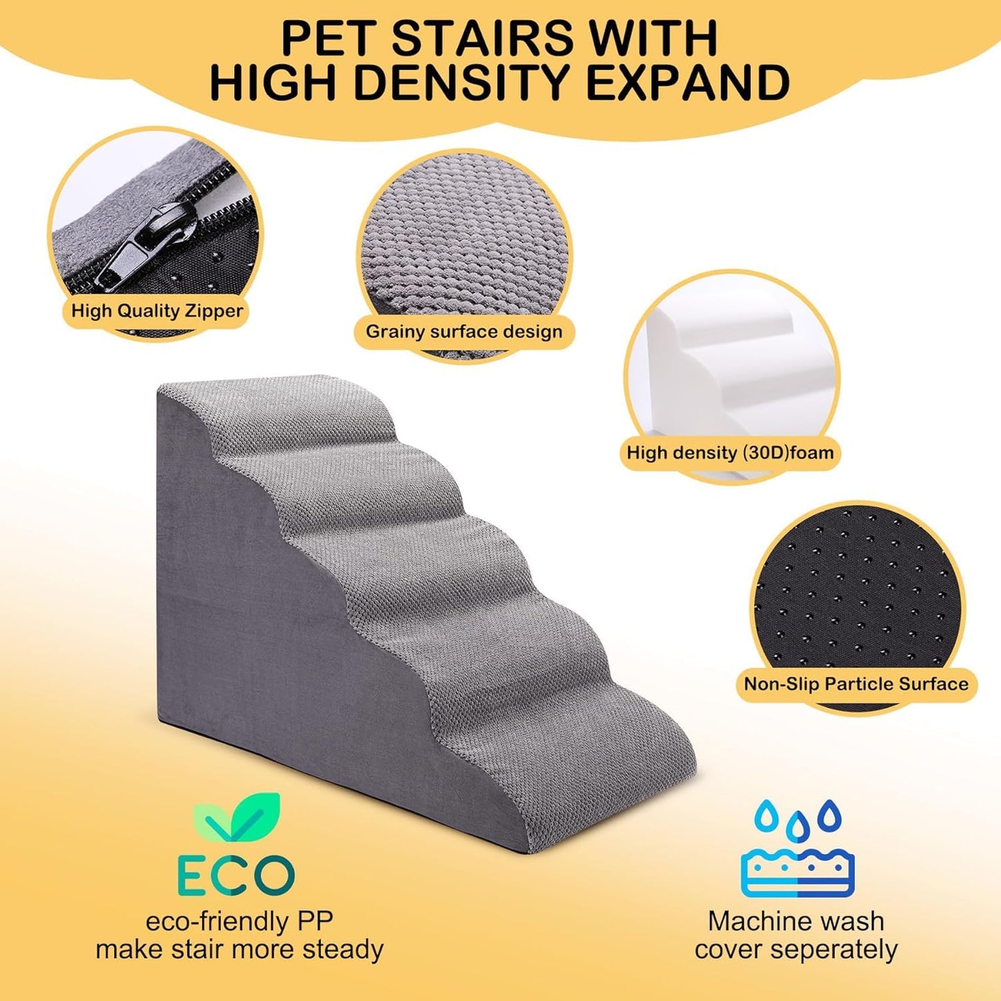 Wide Dog Steps Stairs for Bed 5 Steps 62 cm High for Dogs, Dog Ramp High Density Foam Pet Stairs Washable Cover and Non-Slip Base 40 x 87 x 62 cm