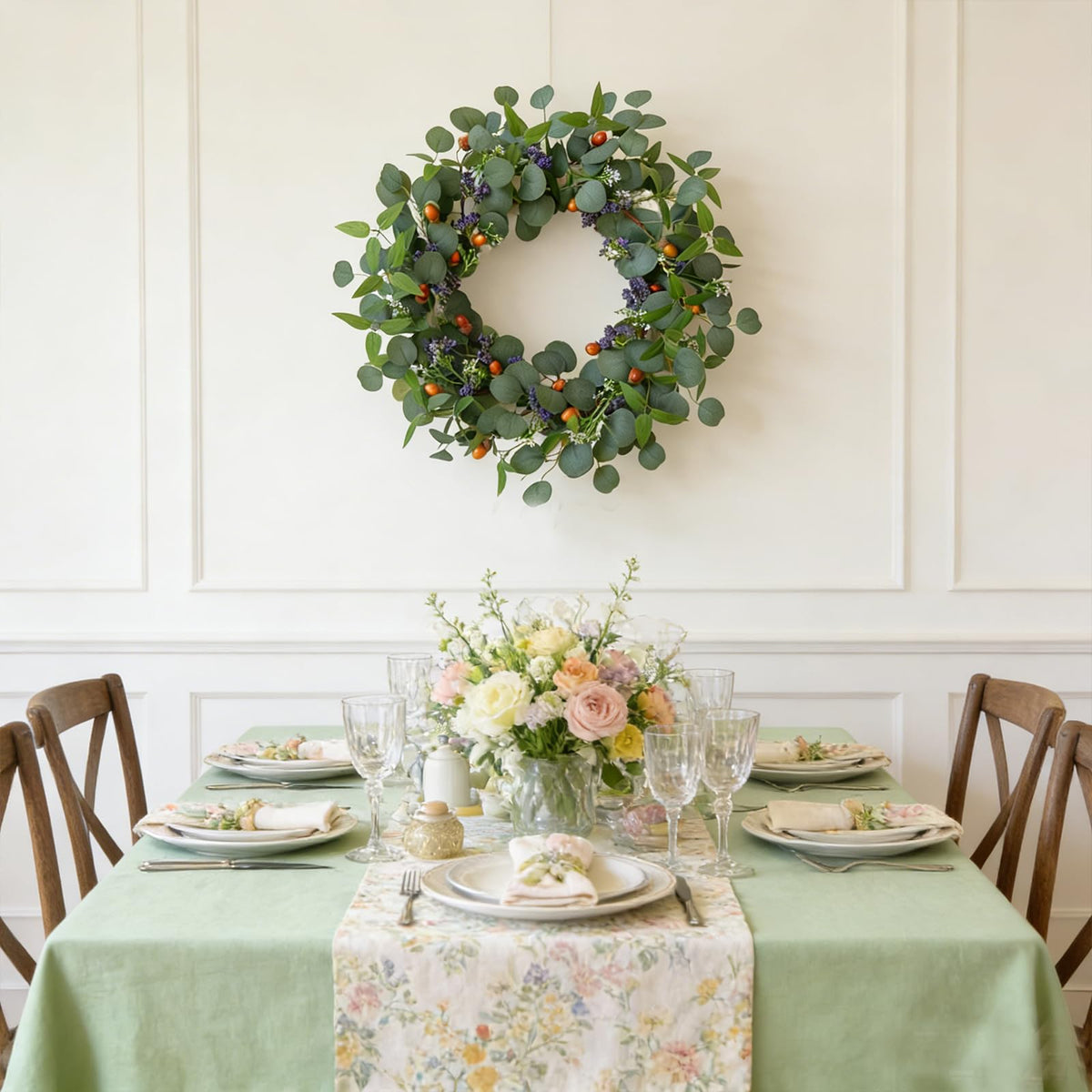 TEMPUS 22" Eucalyptus Wreath for Front Door - Pre-Fluffed Greenery Wreath with Olive Leaves & Hazelnuts, Farmhouse All-Season Door Decor