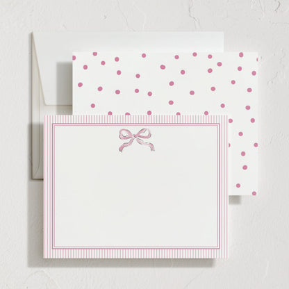 Minted Pink Bow Stationery Set, Set of 10, Flat Note Cards & Envelopes for Invitiations and Handwritten Thank You Messages, Pink Ribbon with Striped Back, Gifts for Women, Luxurious Paper