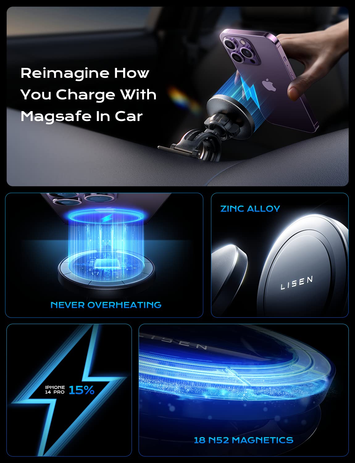 LISEN for Magsafe Car Mount Charger [15W Top Charge] Magnetic Car Phone Holder for iPhone 17 Pro Max Wireless Charger Magsafe Phone Holder For iPhone 17 Pro Max Air 16 15 14 13 12 Magsafe Accessories