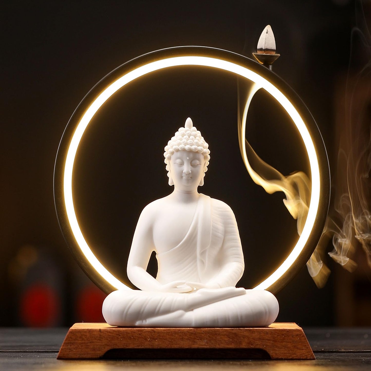 Dyware 8.8 Inch LED Buddha Statue for Indoor, White Ceramic Small Buddha Statue with LED Light for Home Decor
