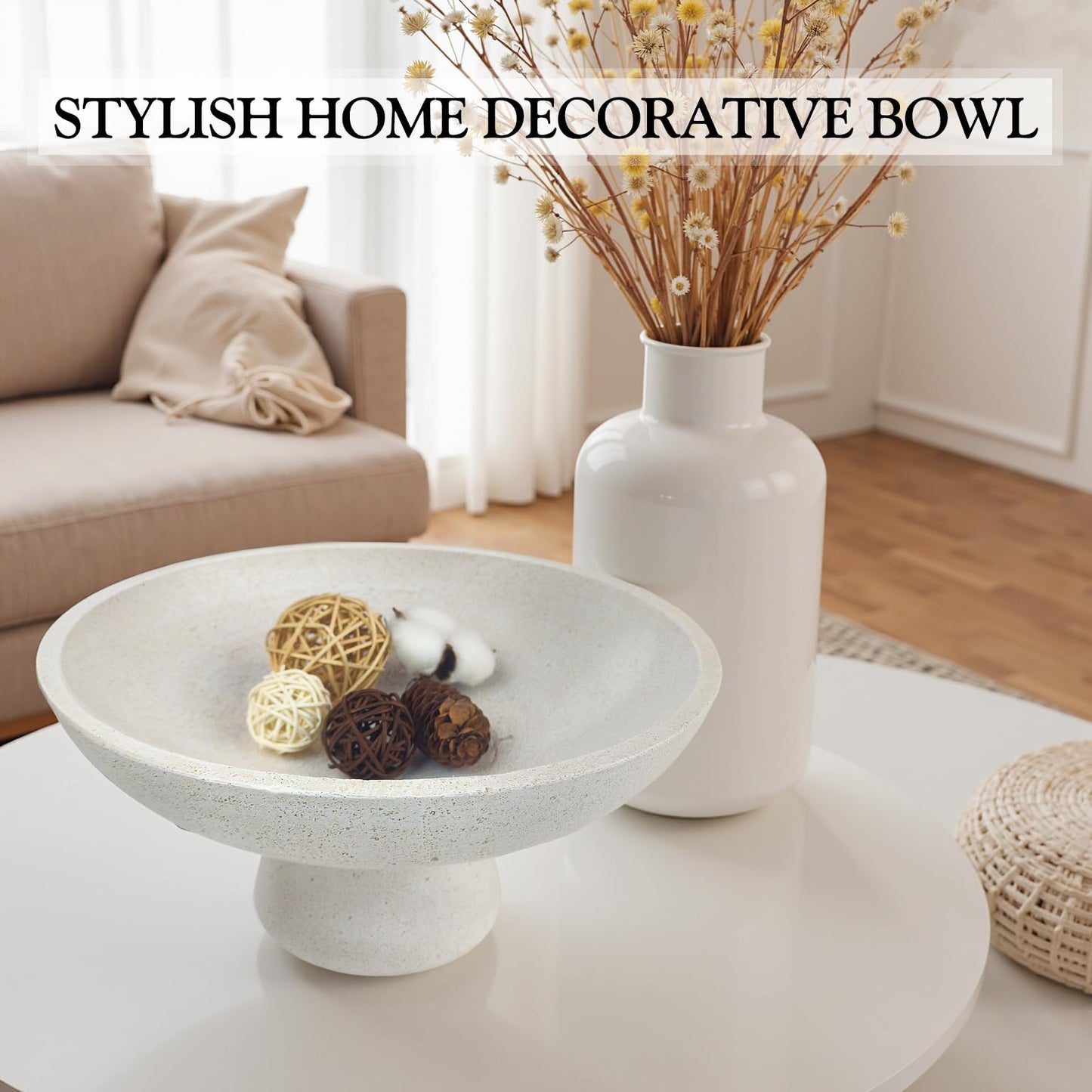 LFLKPY Large Decorative Fruit Bowl - Modern Handcrafted Resin Pedestal Bowl for Kitchen Counter, Entryway Key Holder & Table Centerpiece, Off-White Travertine Stone Bowl
