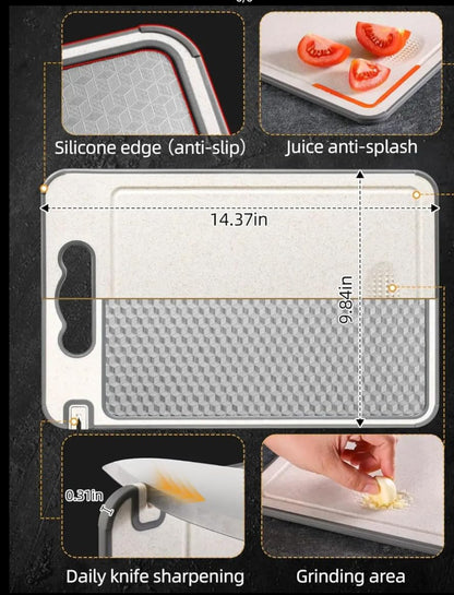 SEQ Premium 4-in-1 Stainless Steel Cutting Board with Knife Sharpener, Garlic Grater and Thawing Plate Double-Sided Metal Chopping Board for Meat, Vegetables, Fruits Durable Easy to Clean Kitchen Tool