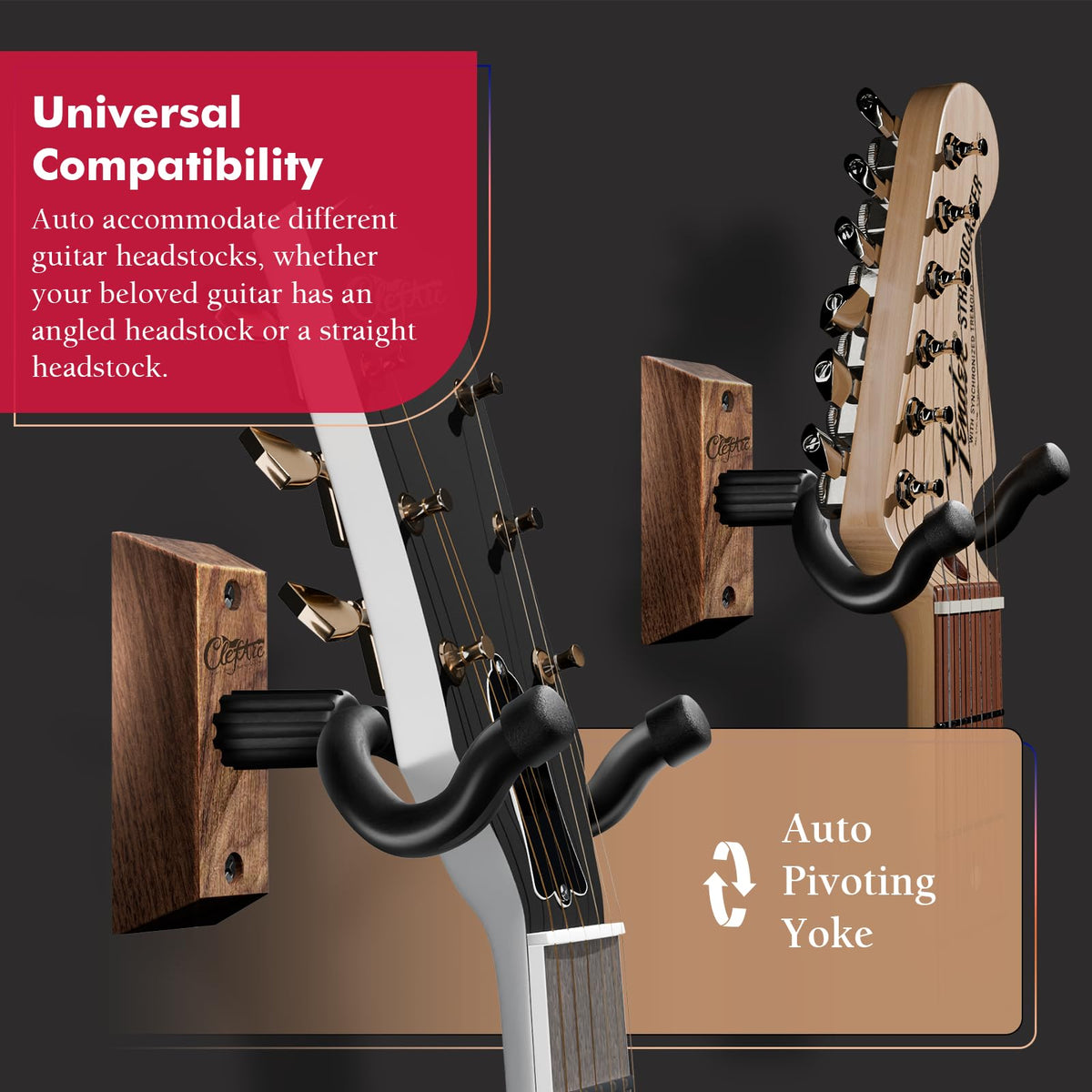 ClefArc Guitar Wall Mount 2 Pack - U-Shape Guitar Wall Hangers, Guitar Stand Wall, Black Walnut Guitar Hanger, Pick Holder, Gifts for Guitarists, with 6 Assorted Guitar Picks