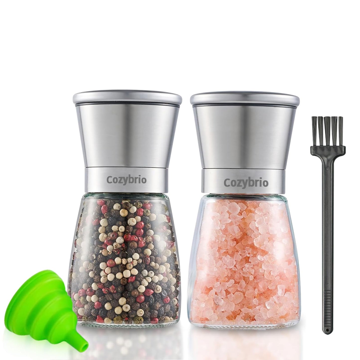 Premium Salt and Pepper Grinder Set of 2, Refillable Stainless Steel Spice Shakers with Adjustable Coarseness, Easy Clean Durable Ceramic Mills, Include Silicone Funnel & Cleaning Brush (5.3"H-2 Pack)