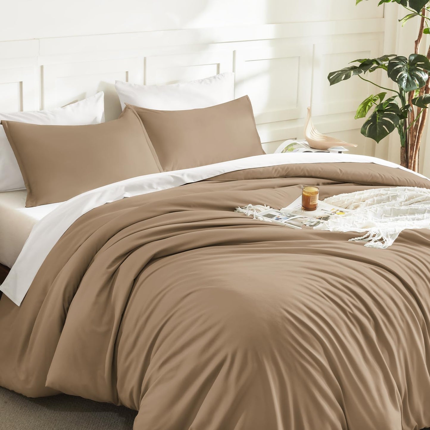 Litanika Taupe Comforter Set King Size, 3 Pieces Solid Bedding Comforter Set, All Season Fluffy Bed Set (104x90In Comforter & 2 Pillowcases)