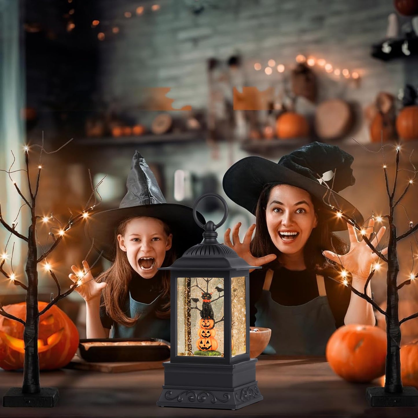 10'' Halloween Snow Globe, Lighted Musical Glitter Globe, Battery Operated or USB Powered Glitter Lantern for Spooky Halloween Festival Party Home Table Decorations (Pumpkin and Black Cat Combo)
