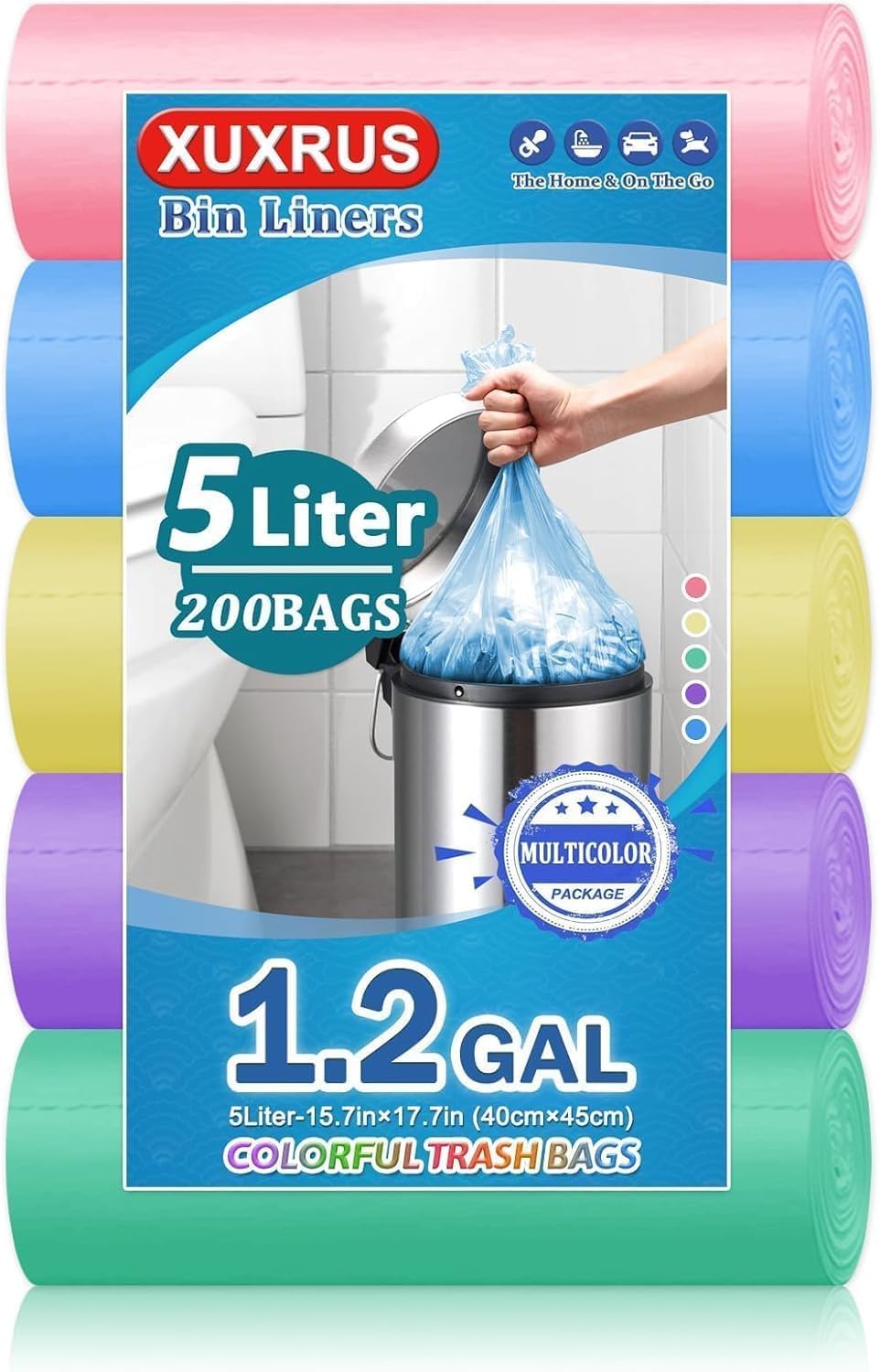 5l Bin Liners 200 Bags Small Pedal Bin Bags XUXRUS Thicken Leakproof Plastic Bags for Bathroom Office,Kitchen Desk Fit UK 5-8 Liter,0.8,1.1 Gal Colorful