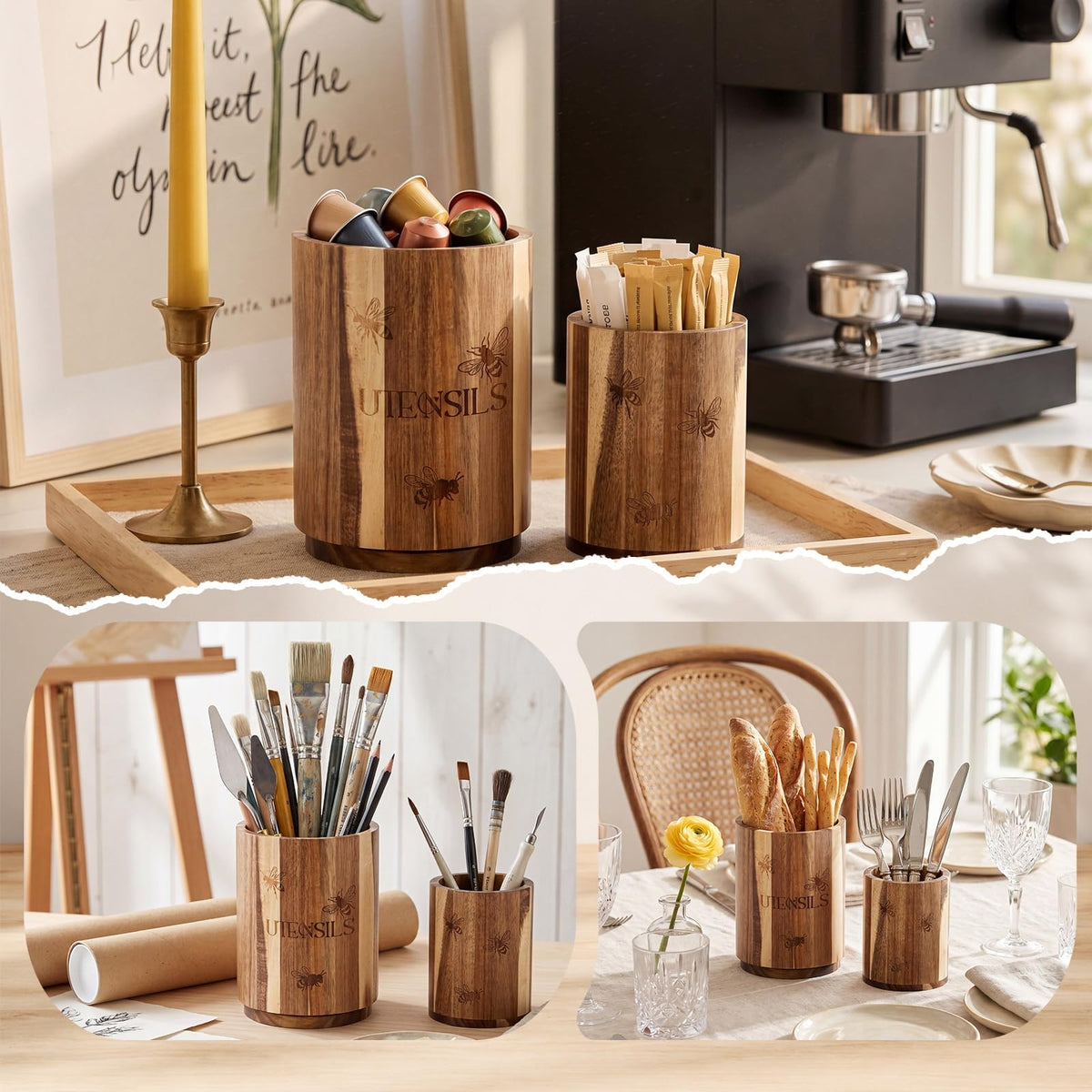 Hushee 2 Pack Acacia Wood Utensil Holder for Kitchen Counter, 360° Rotating 7.3inch Large Wooden Cooking Utensil Crock and 5.5 Inch Small Kitchen Tool Organizer for Countertop, Farmhouse Modern Decor