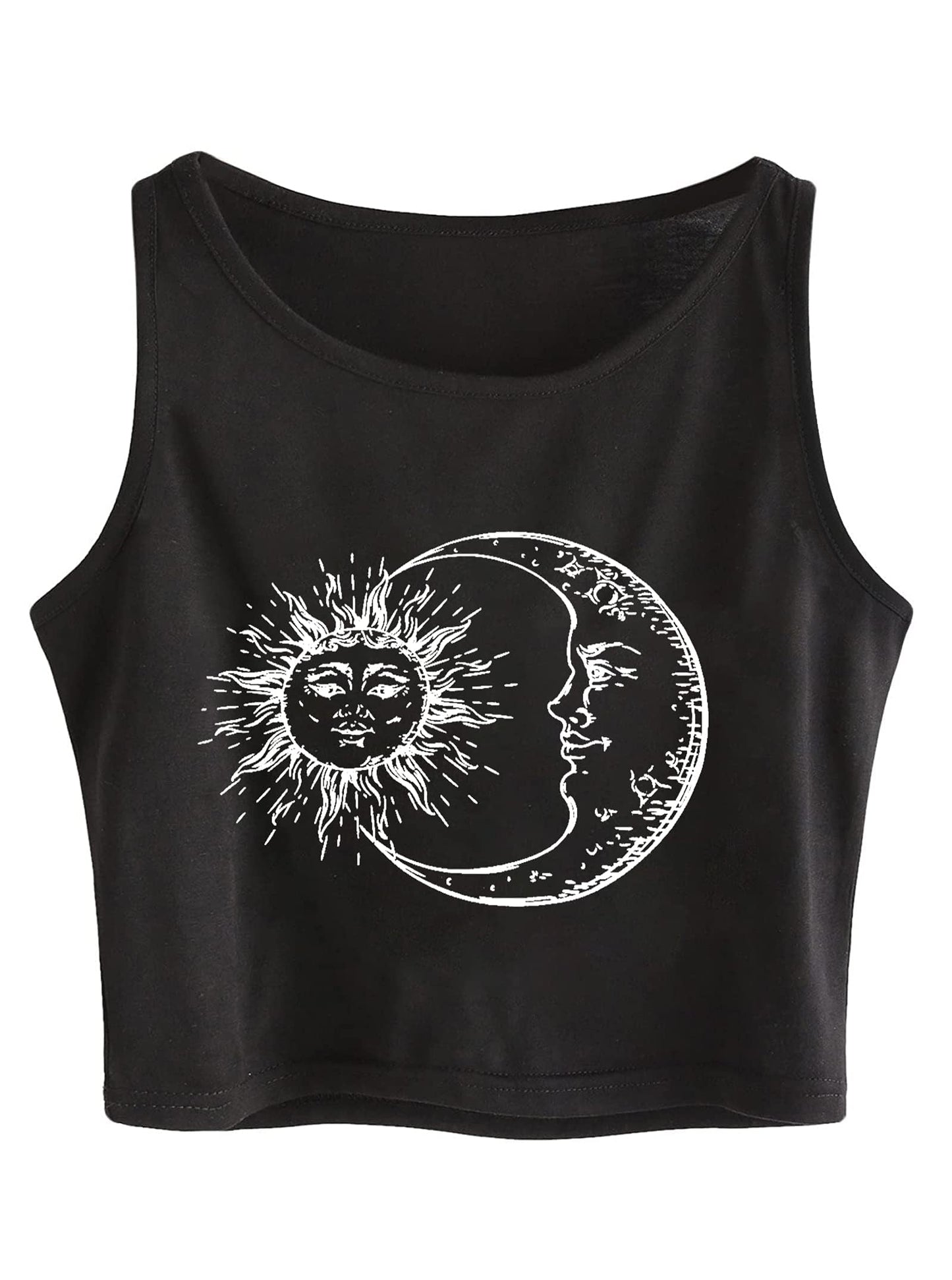 Remidoo Women's Casual Sleeveless Sun and Moon Print Shirt Graphic Crop Top Workout Tank Black Sun Large